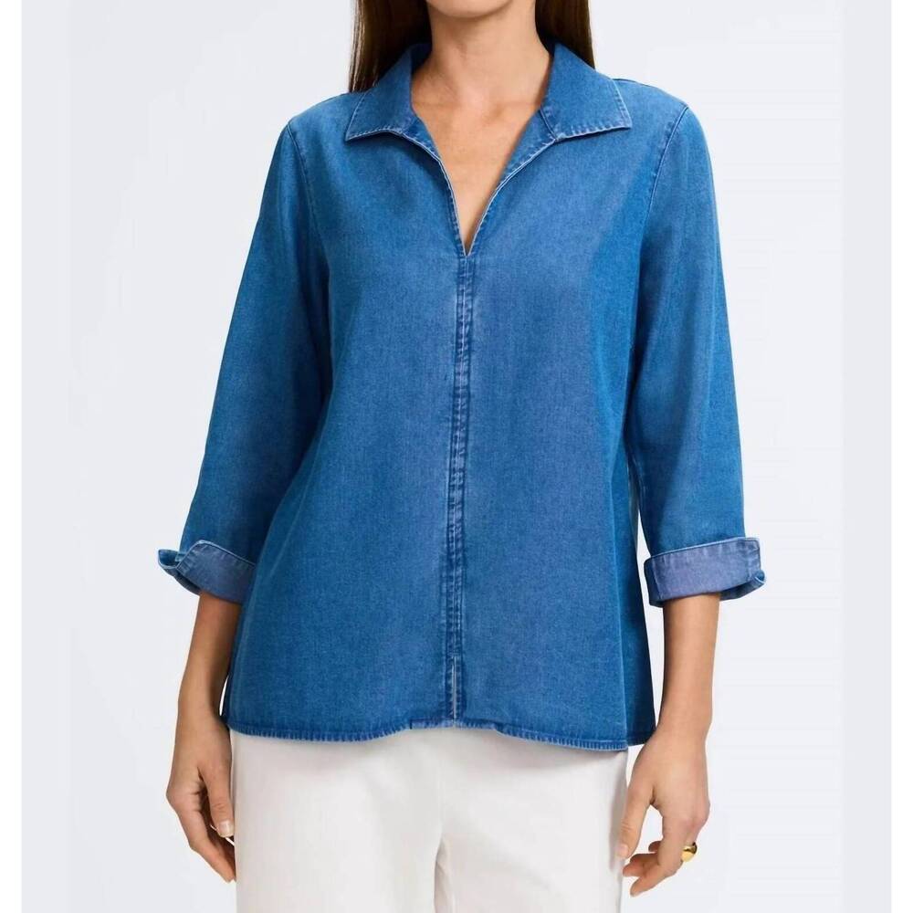 NEW FOXCROFT agnes chambray popover top in medium wash